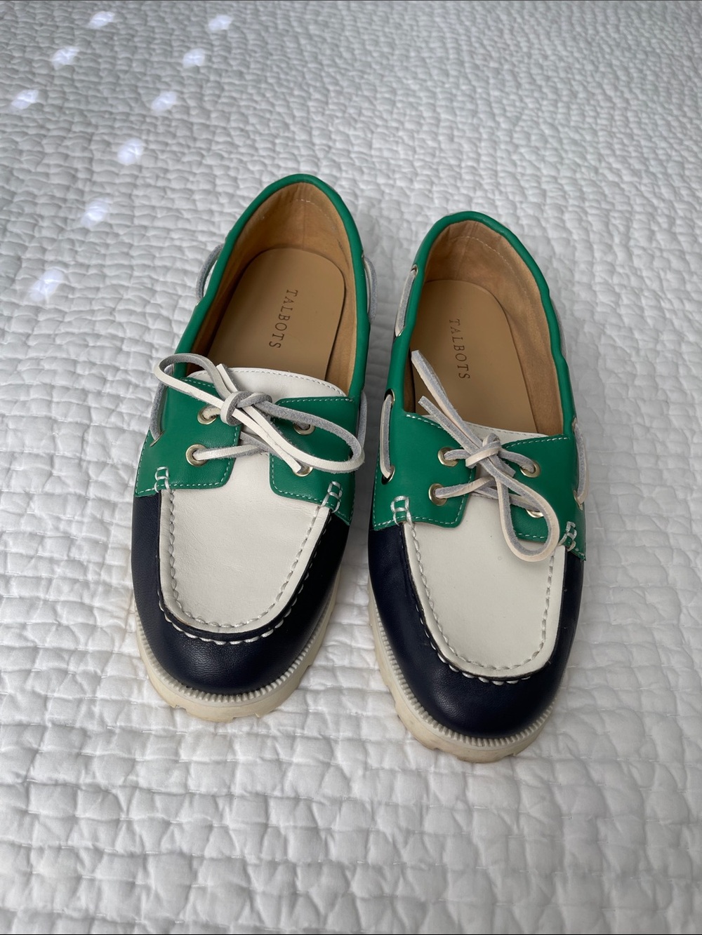 Talbots women’s Green White Navy Leather Boat Moccasins